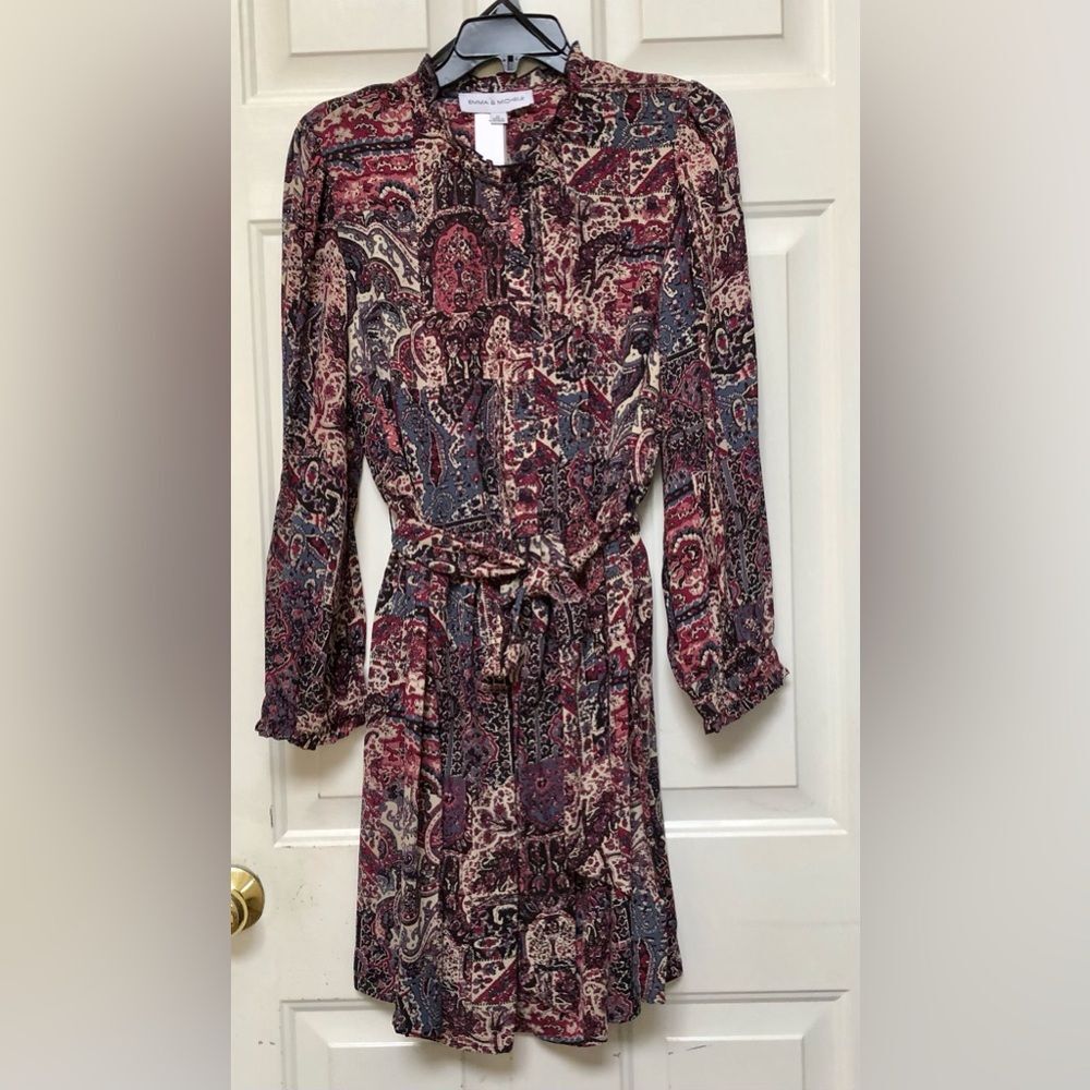 EMMA & MICHELE WOMEN'S DRESS SIZE XL PAISLEY LOG SLEEVE, SHEER MATERIAL, RUFFLE